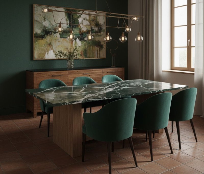 salon moderno marmol tonos verde y madera cerezo